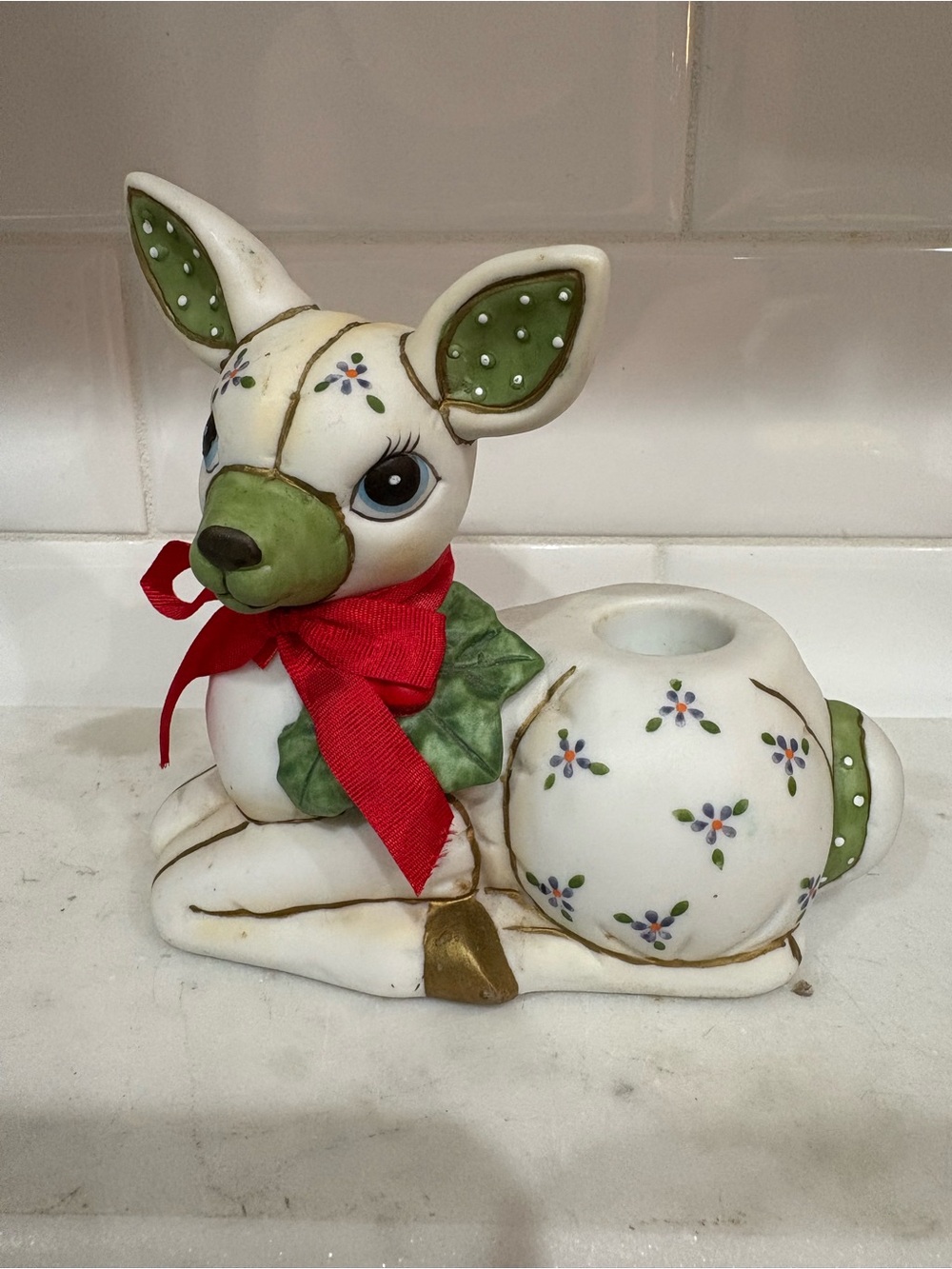 Lefton White Ceramic Deer Candle Holder with Green Accents and Red Bow